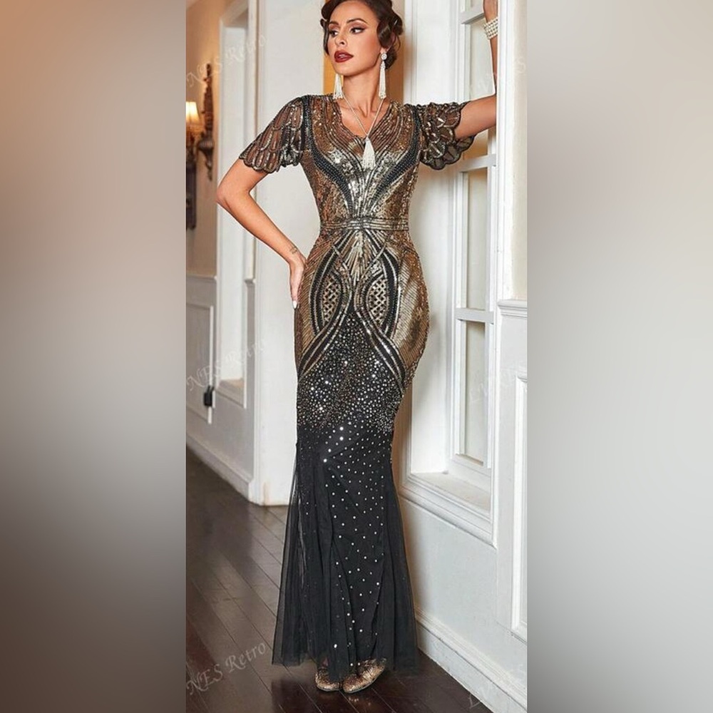 1920’s Flapper Black and Gold Evening Gown